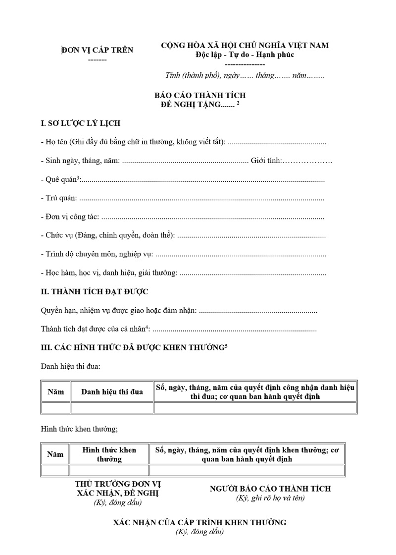 Mẫu báo cáo thành tích theo nghị định 91/2017