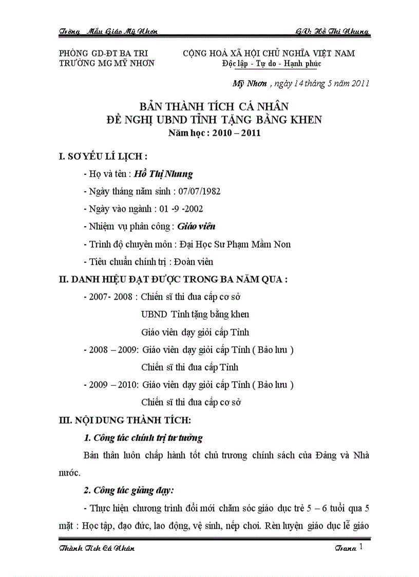 Mẫu báo cáo thành tích đề nghị tặng giấy khen
